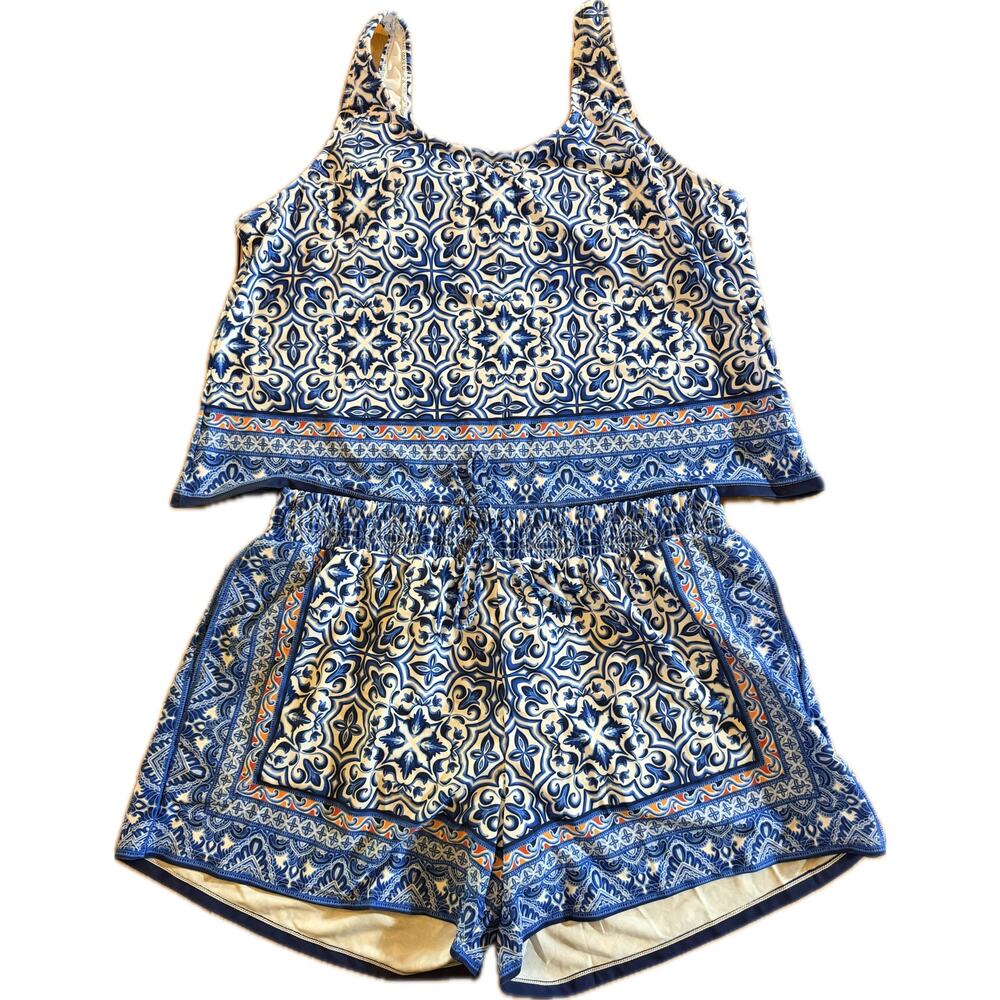 Walk on Beach Womens Tankini Size XXL Blue White Tile Print Tank Top Shorts